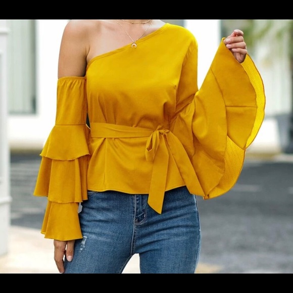 SHEIN Tops - Flounce sleeve belted blouse